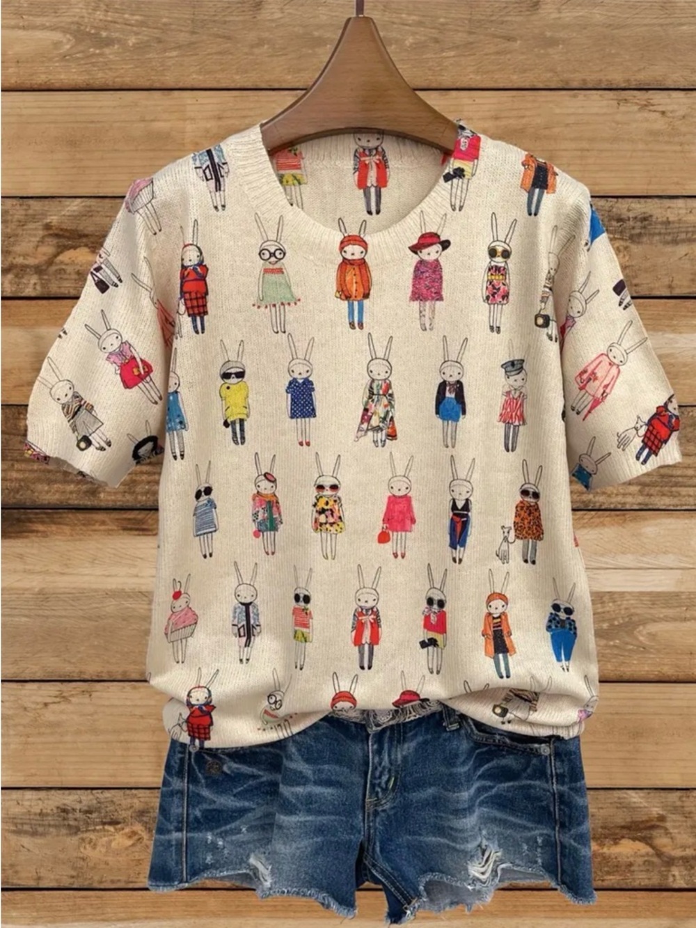 SHEIN Cream Short Sleeve Bunny Print Crewneck Sweater